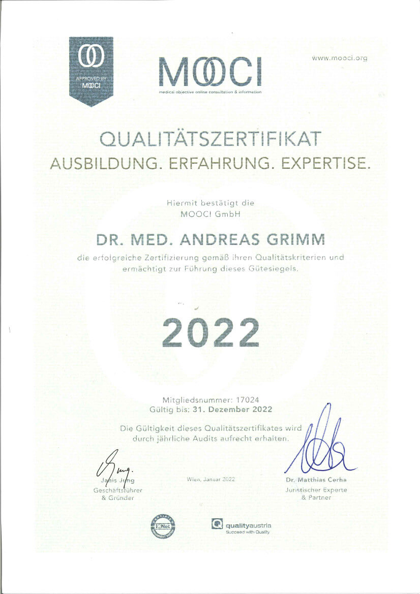 Qualitätszertifikat von MOOCI Dr. Grimm