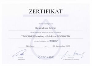 Zertifikat TEOXANE Workshop Dr. Grimm