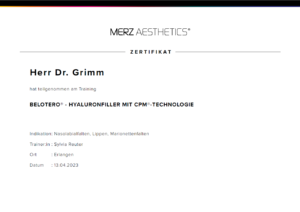 Hyaluronfiller Zertifikat Dr. Grimm